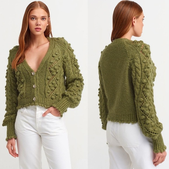 176 Dilvin | Turkey EUC Knit Bobble Olive Green Cable Cardigan Sweater (size M) - Picture 2 of 10